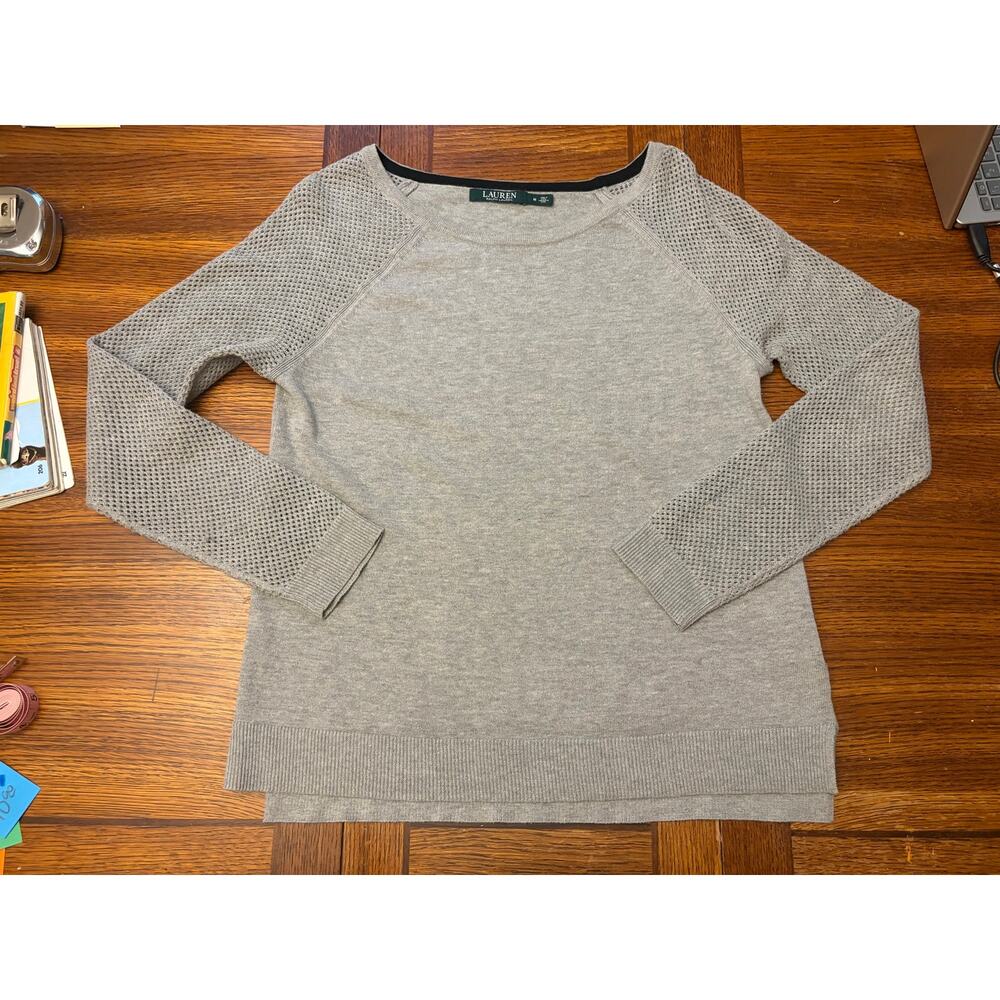 LAUREN Ralph Lauren Gray Open Knit Sleeve Long Sleeve Pullover Blouse Sweater M - Picture 3 of 8